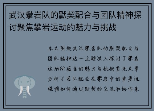 武汉攀岩队的默契配合与团队精神探讨聚焦攀岩运动的魅力与挑战