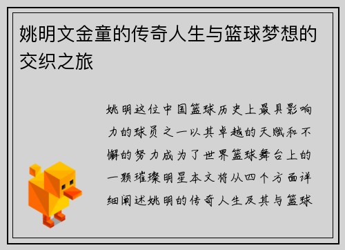 姚明文金童的传奇人生与篮球梦想的交织之旅