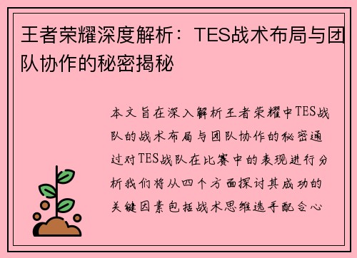王者荣耀深度解析：TES战术布局与团队协作的秘密揭秘