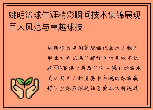 姚明篮球生涯精彩瞬间技术集锦展现巨人风范与卓越球技