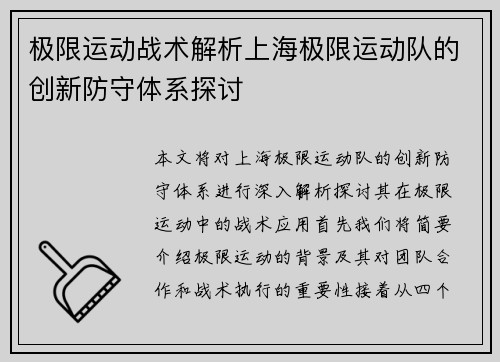 极限运动战术解析上海极限运动队的创新防守体系探讨